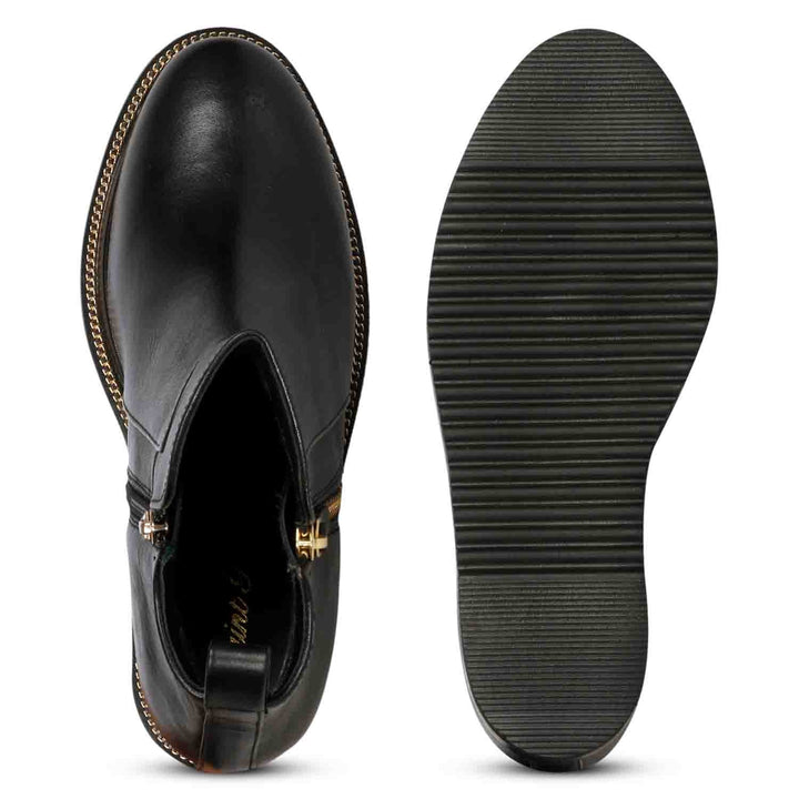 Black Leather Ankle Boots Featuring Stylish Wedge Heel Design