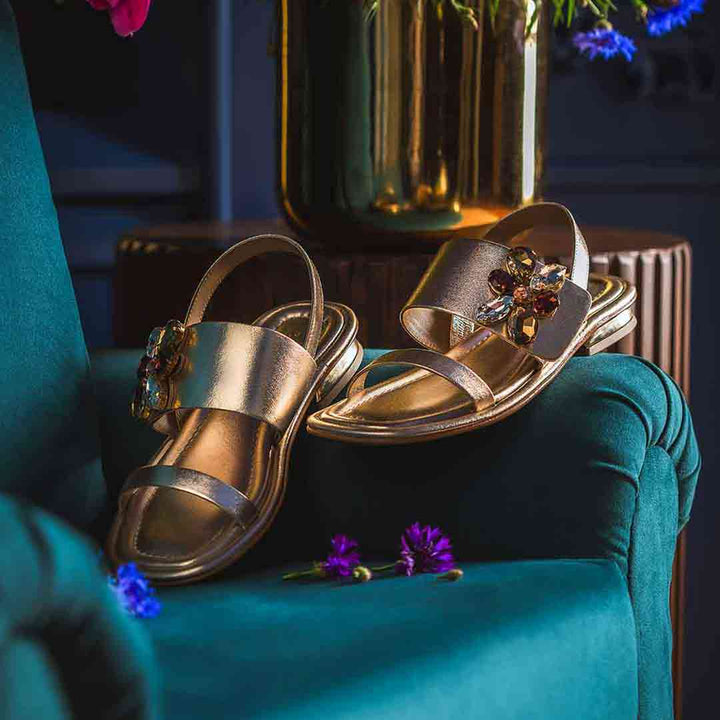 Multi-Stone Butterfly Trim Gold Leather Sandals