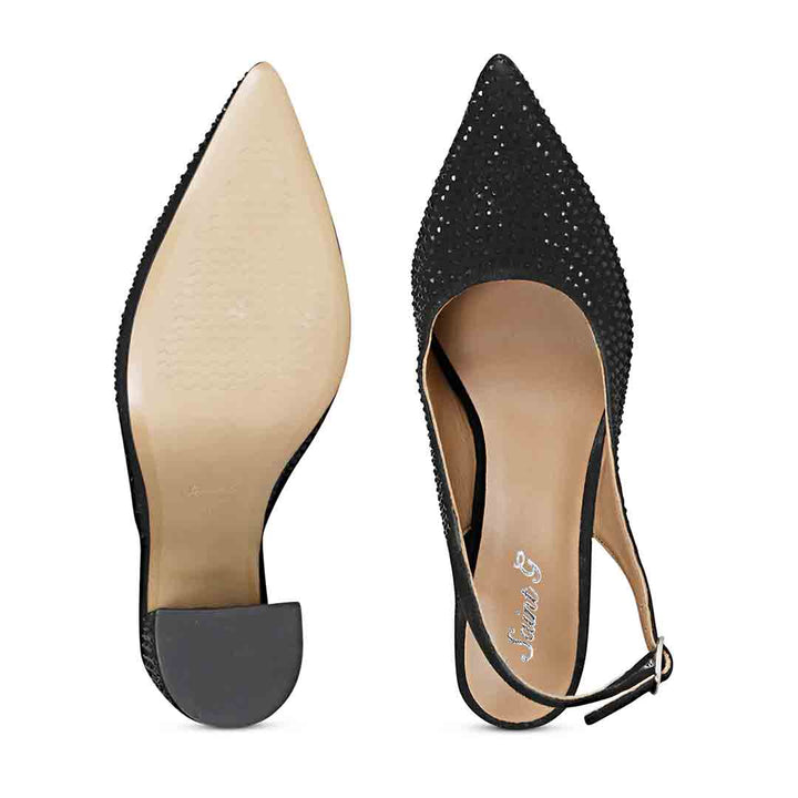 Elegant black leather heels with Alyssa crystal accents