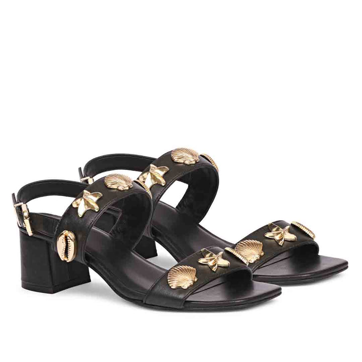 Saint Assisi Gold Seashell & Star Studs Leather Block Heels