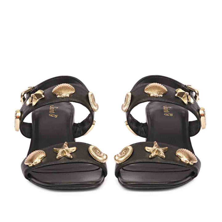 Saint Assisi Gold Seashell & Star Studs Leather Block Heels