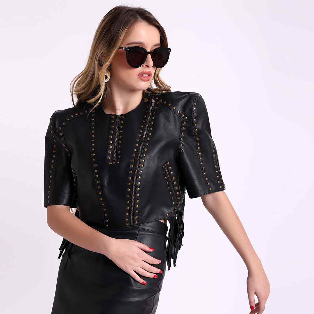 short jackets for dresses Saint Vera Metal Studded Fringed Leather Short Jackets L / Black
