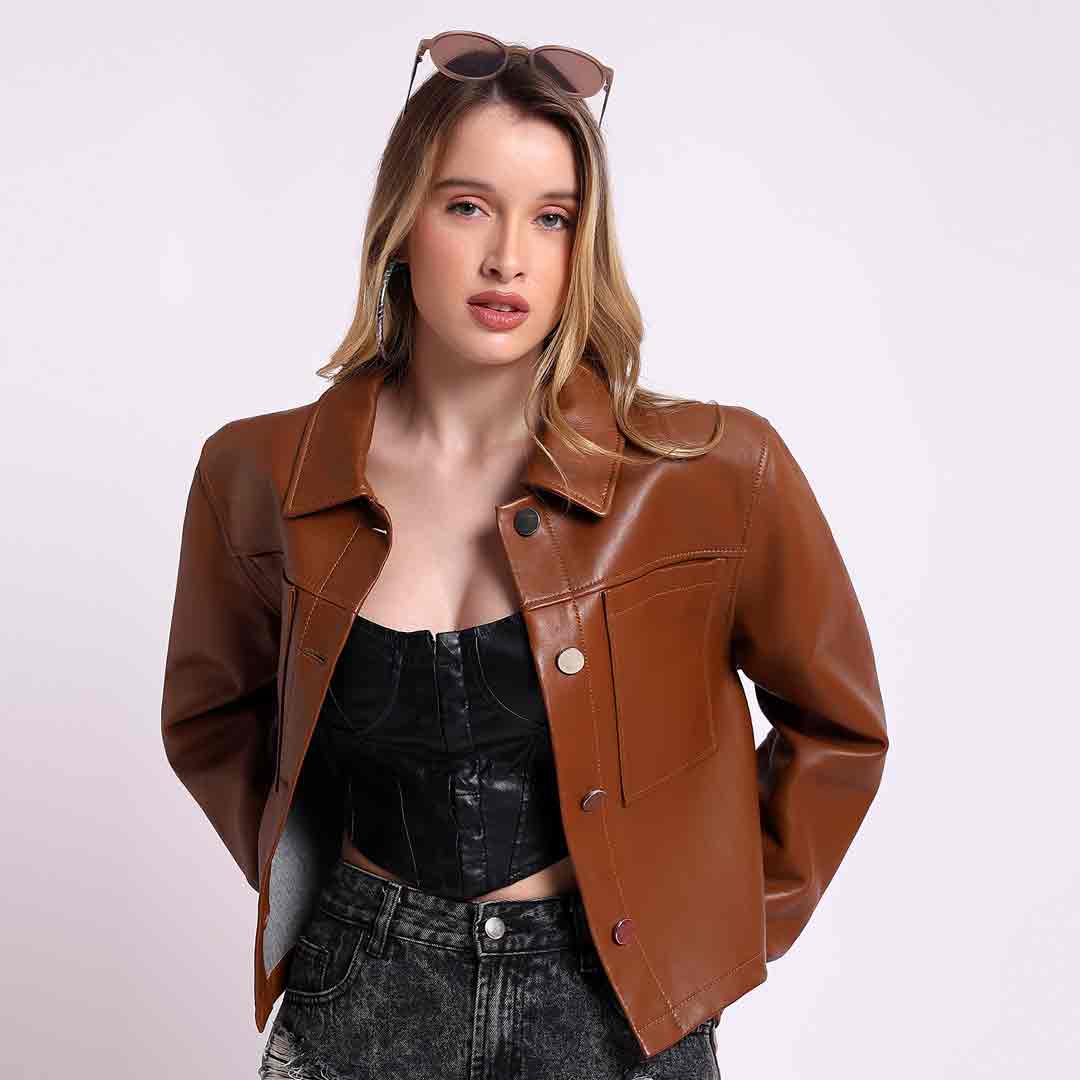 Buy Ray Camel Leather Women Collar Jacket Online – SaintG USA