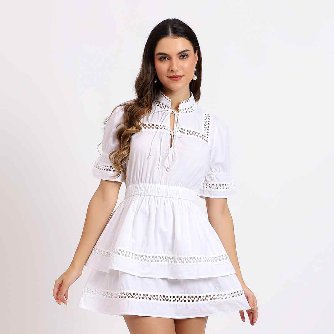 Saint Gianna Womens White Printed Cotton Poplin Short Dress S / White Saint Gianna Womens White Printed Cotton Poplin Short Dress S / White