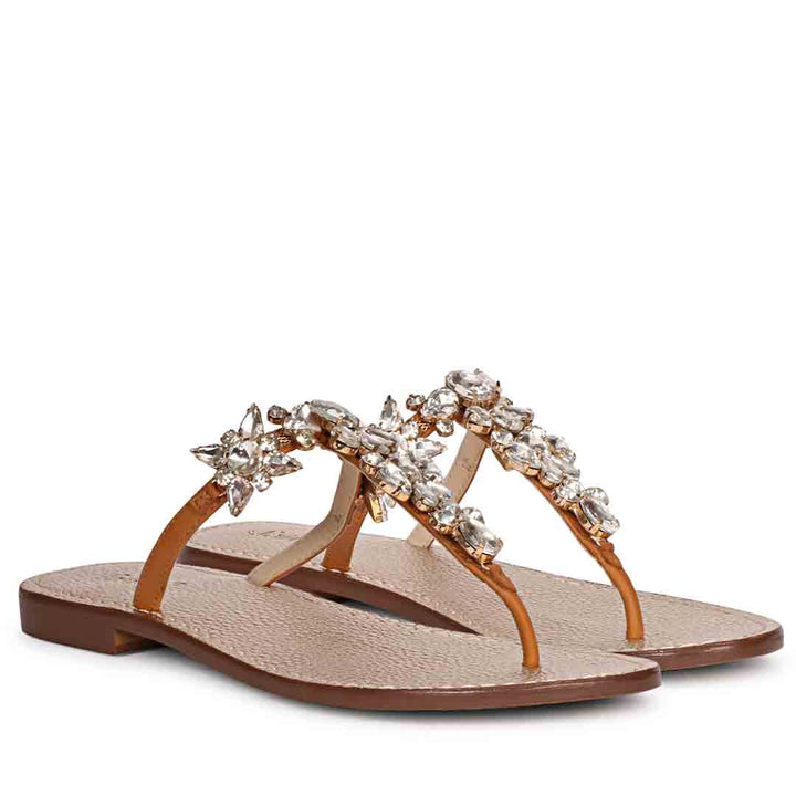 Saint Fleur Multi Stone Embellished Tan Leather Flats