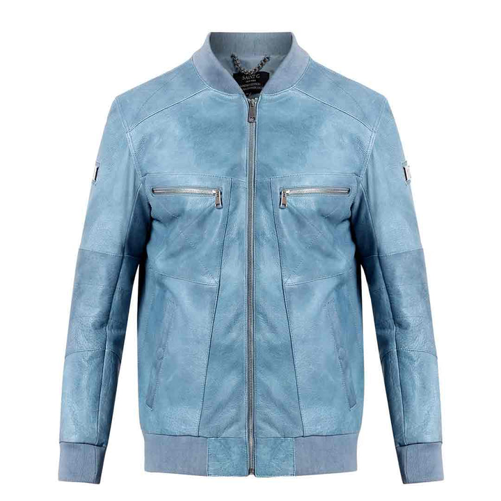 Saint Jenson Blue Leather Men's Bomber Jackets