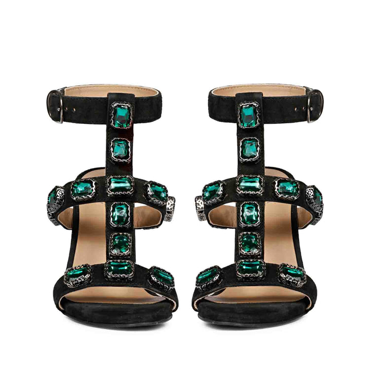 Saint Shirley Heels: Black Leather, Stylish Green Stone Embellishments