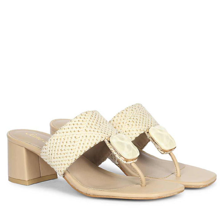 Saint Stevie Stone Jeweled Beige Raffia Block Heels