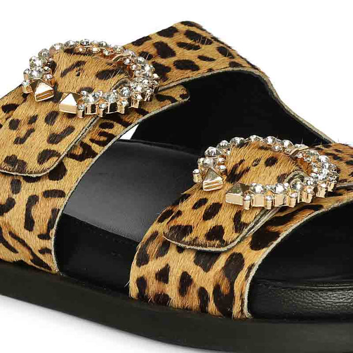 Saint Marta Crystal Buckle Leo Print Hair-On Leather Sandals