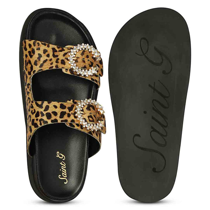 Saint Marta Crystal Buckle Leo Print Hair-On Leather Sandals