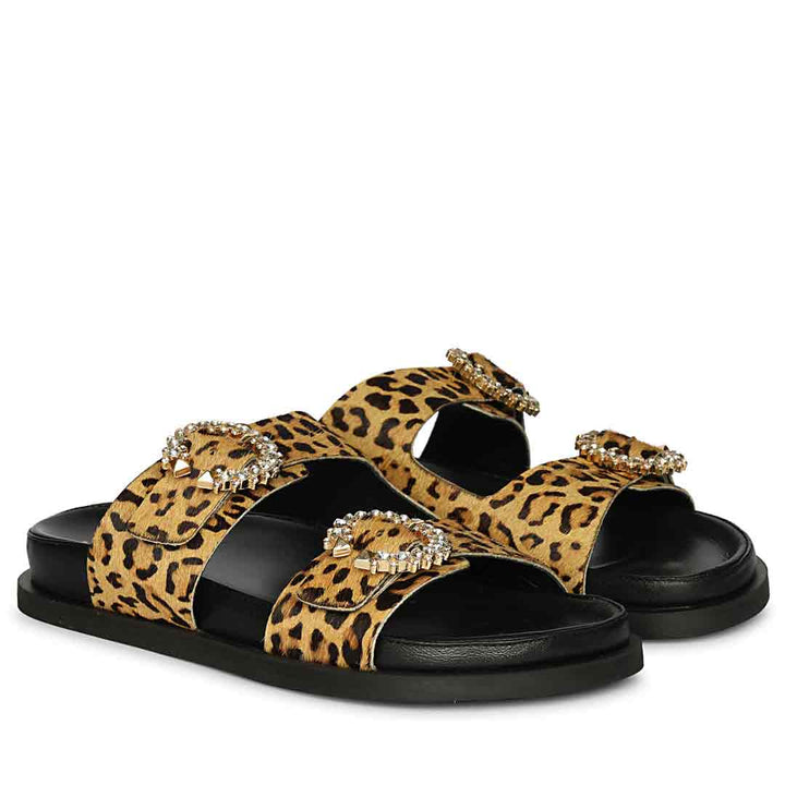 Saint Marta Crystal Buckle Leo Print Hair-On Leather Sandals
