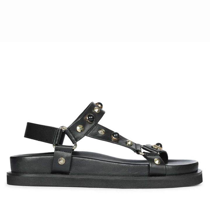 Saint Zoya Pearl Metal Studs Black Leather Sandals