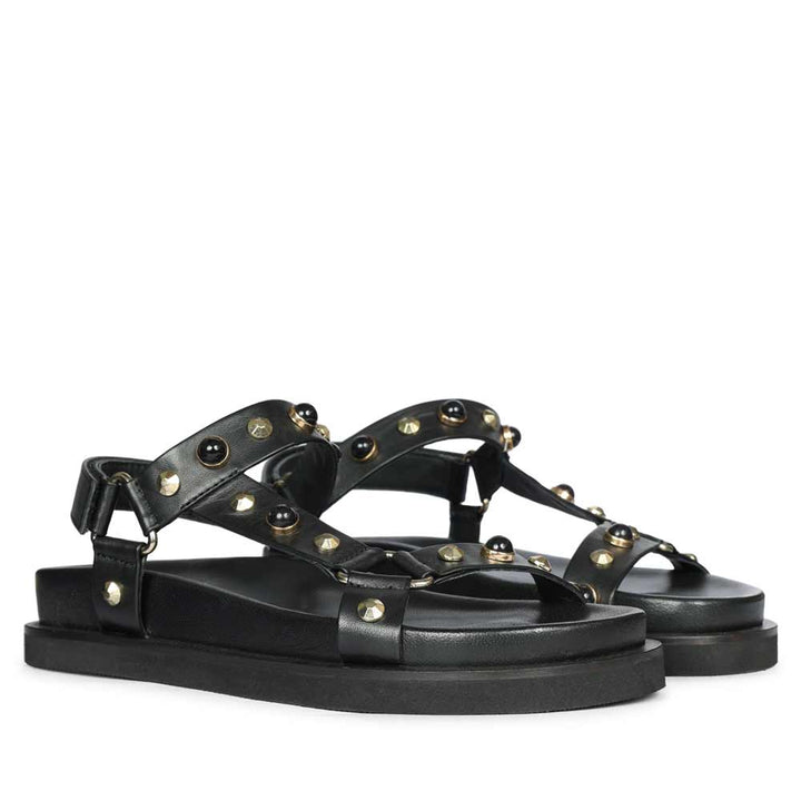 Saint Zoya Pearl Metal Studs Black Leather Sandals