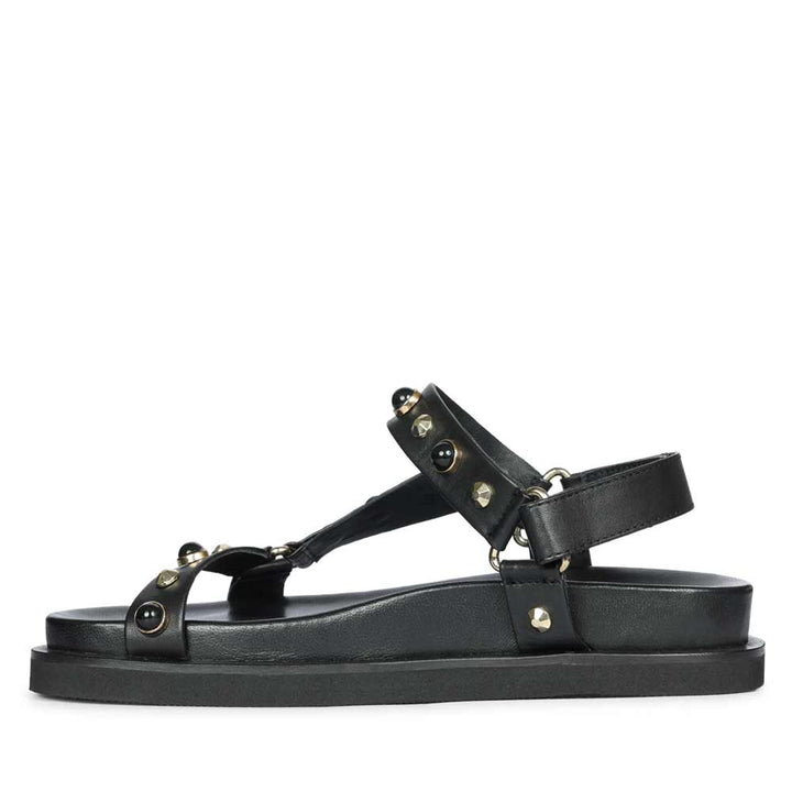 Saint Zoya Pearl Metal Studs Black Leather Sandals