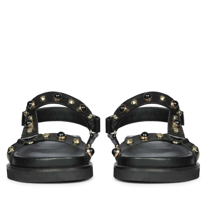 Saint Zoya Pearl Metal Studs Black Leather Sandals