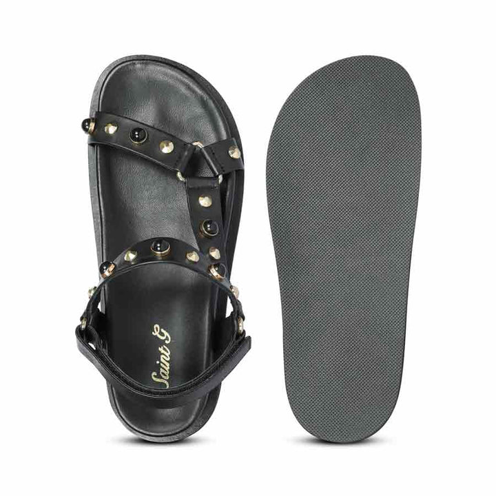 Saint Zoya Pearl Metal Studs Black Leather Sandals