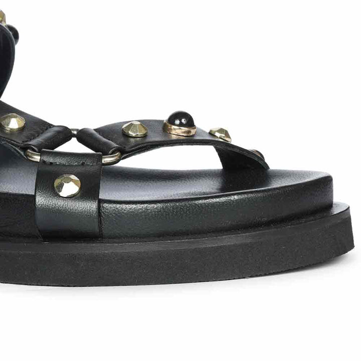 Saint Zoya Pearl Metal Studs Black Leather Sandals