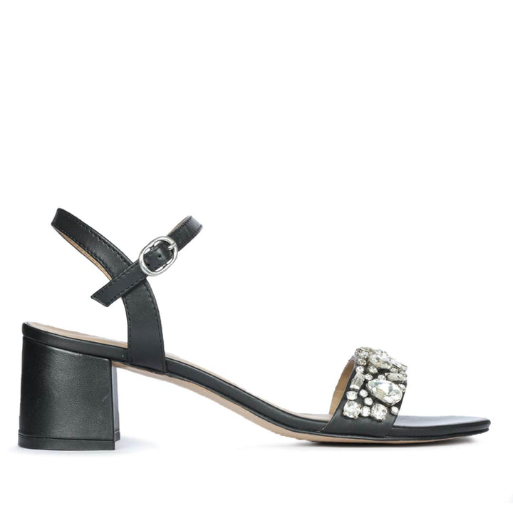 Saint Ella Stones Embellished Black Leather Block Heels