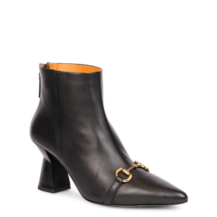 Black leather gold horsebit décor boots