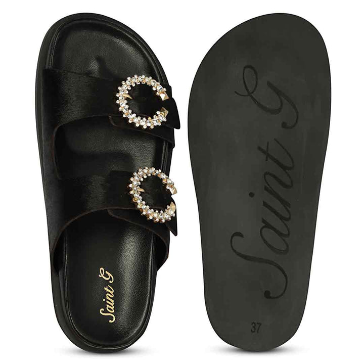 Saint Marta Jewel Pin Buckle Black Hair On Leather Sandals