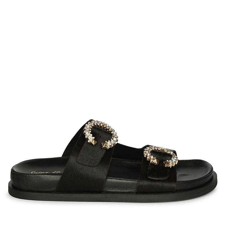 Saint Marta Jewel Pin Buckle Black Hair On Leather Sandals