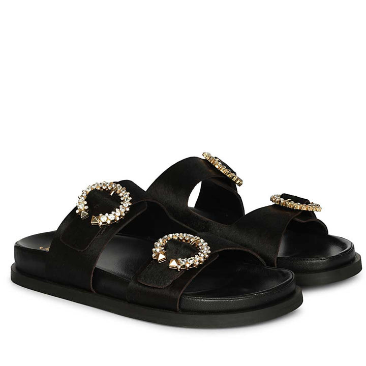 Saint Marta Jewel Pin Buckle Black Hair On Leather Sandals