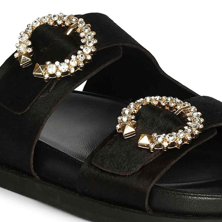 Saint Marta Jewel Pin Buckle Black Hair On Leather Sandals