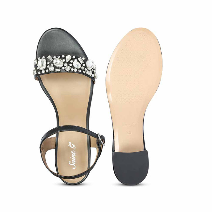 Saint Ella Stones Embellished Black Leather Block Heels