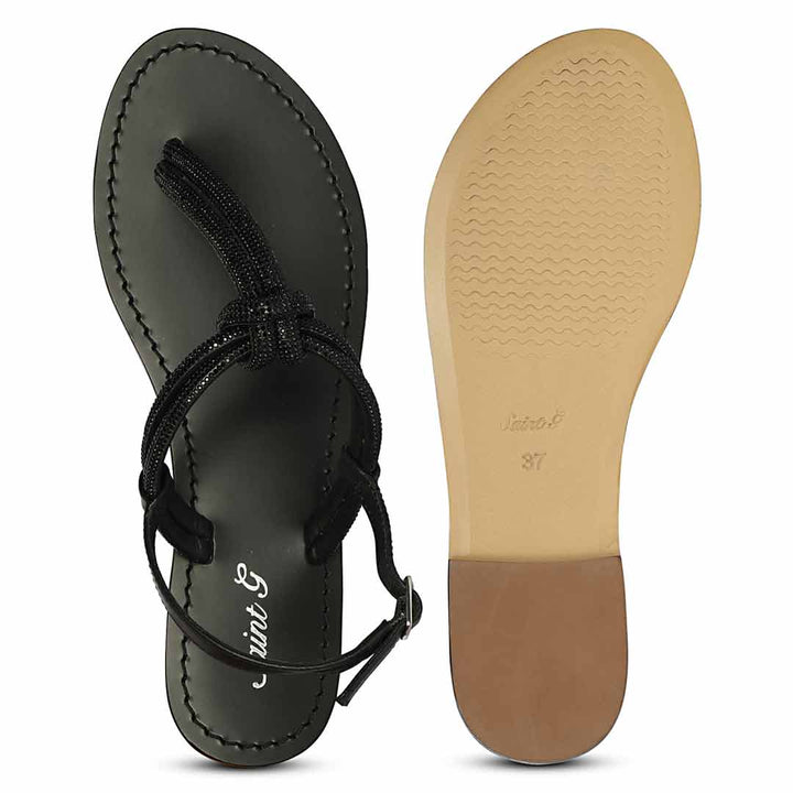Saint Elsie Crystal Cord Black Leather Flat Sandals