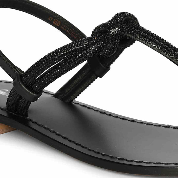 Saint Elsie Crystal Cord Black Leather Flat Sandals