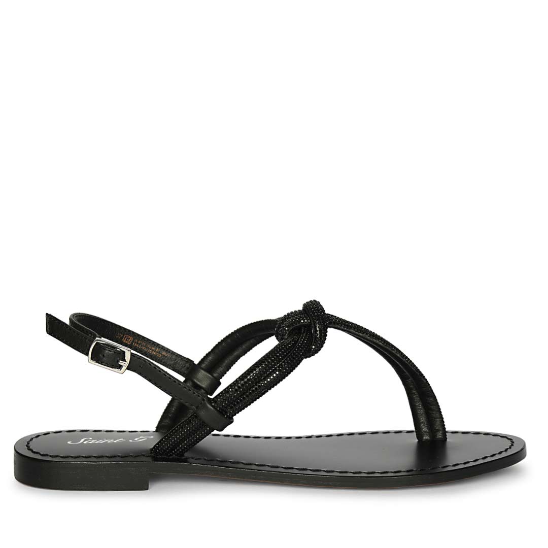 flat dress sandals black Saint Elsie Crystal Cord Black Leather Flat Sandals