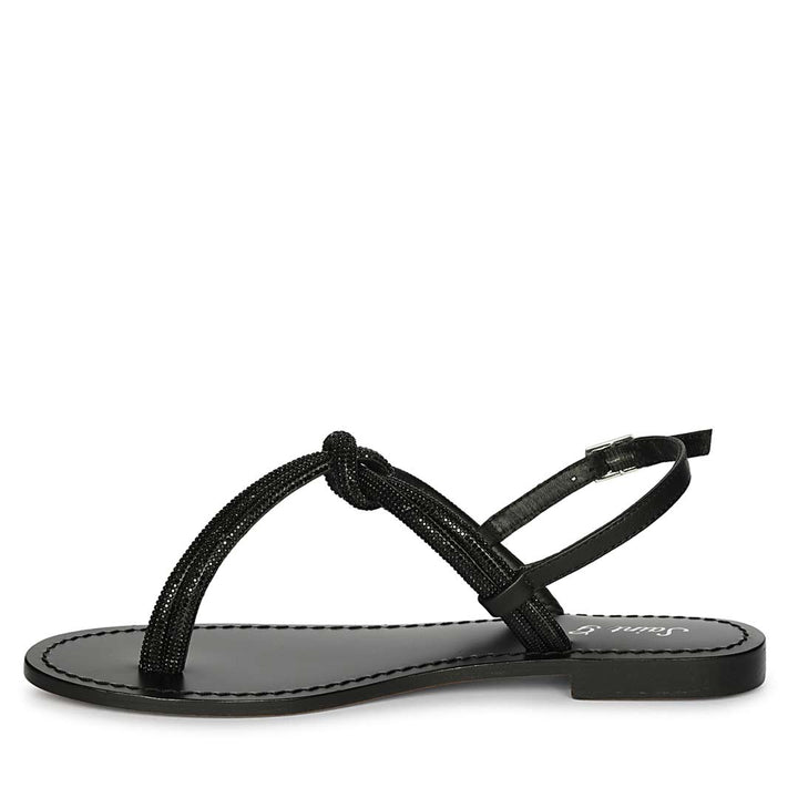 Saint Elsie Crystal Cord Black Leather Flat Sandals