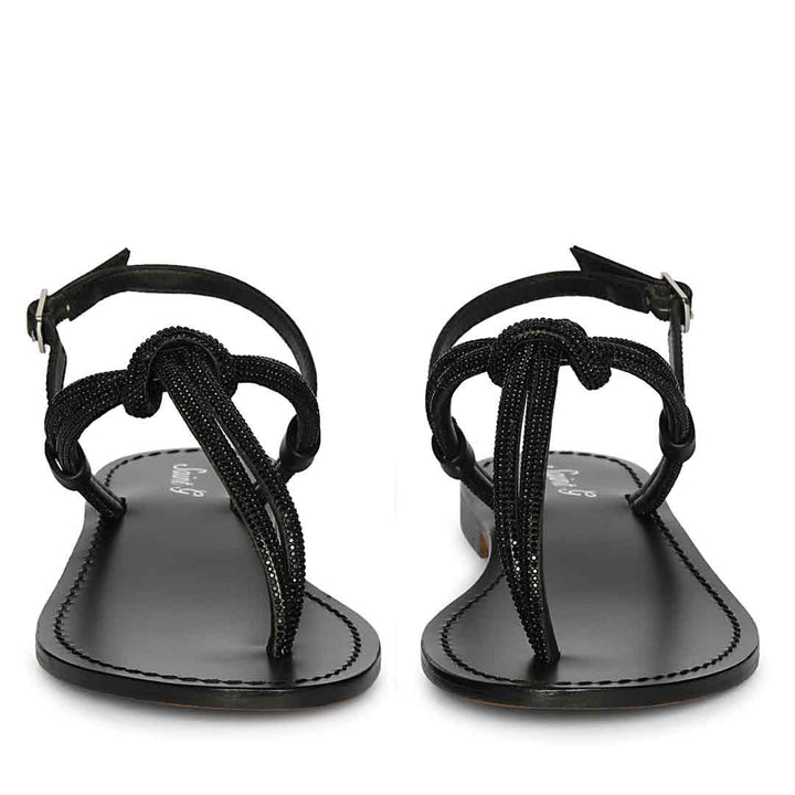 Saint Elsie Crystal Cord Black Leather Flat Sandals