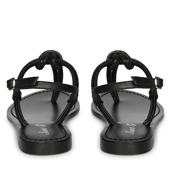 Saint Elsie Crystal Cord Black Leather Flat Sandals