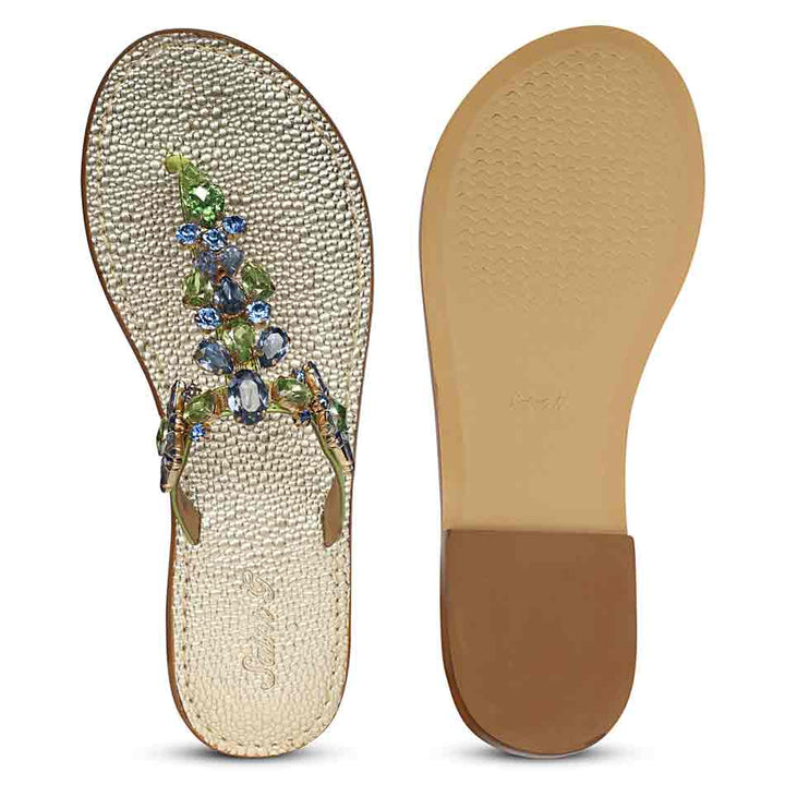 Saint Fleur Multi Stone Metallic Green Leather Flats