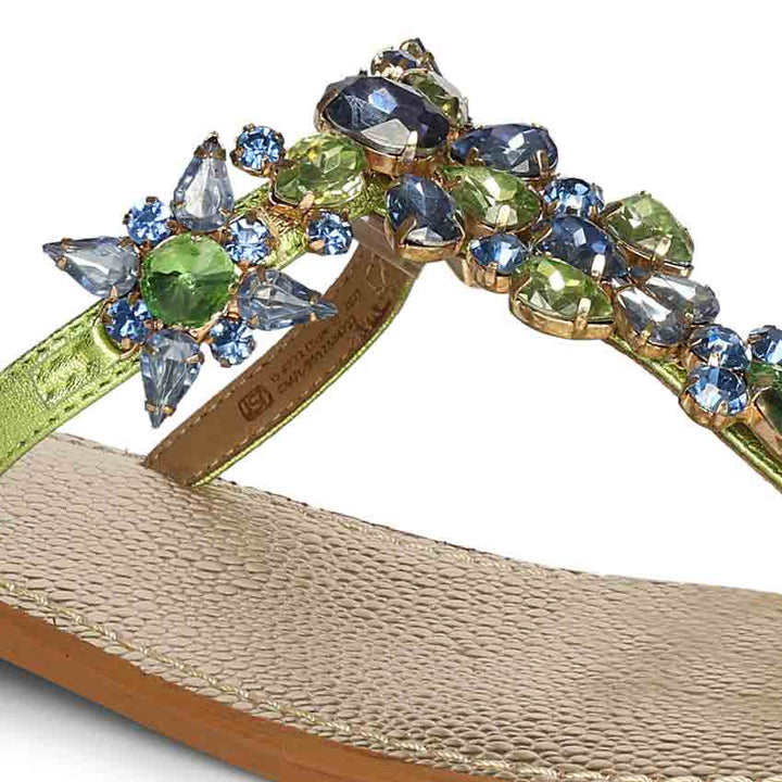 Saint Fleur Multi Stone Metallic Green Leather Flats