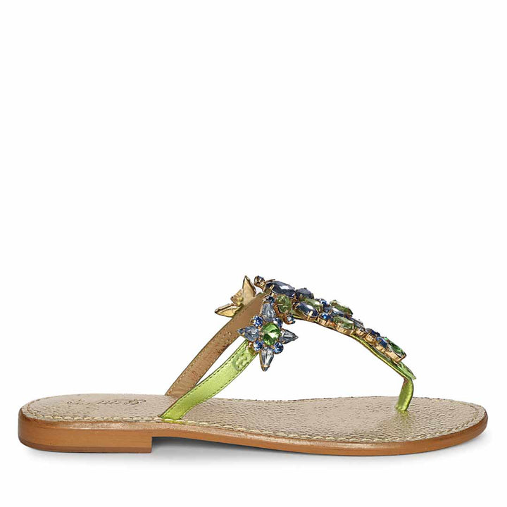 Saint Fleur Multi Stone Metallic Green Leather Flats