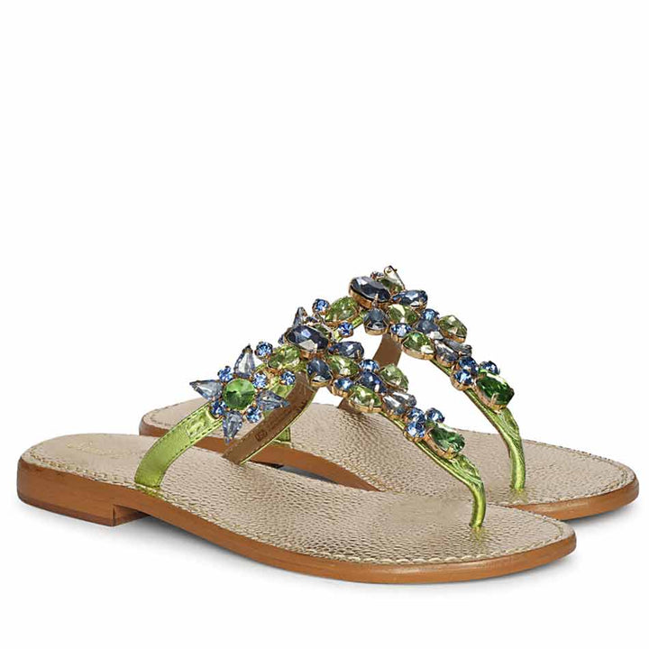 Saint Fleur Multi Stone Metallic Green Leather Flats