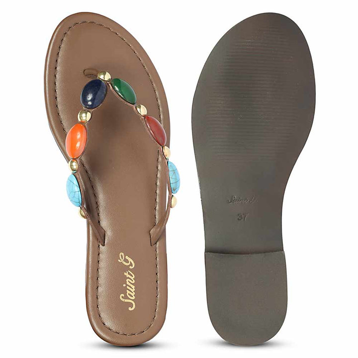 Saint Milira Multi Stone Brown Leather Flats