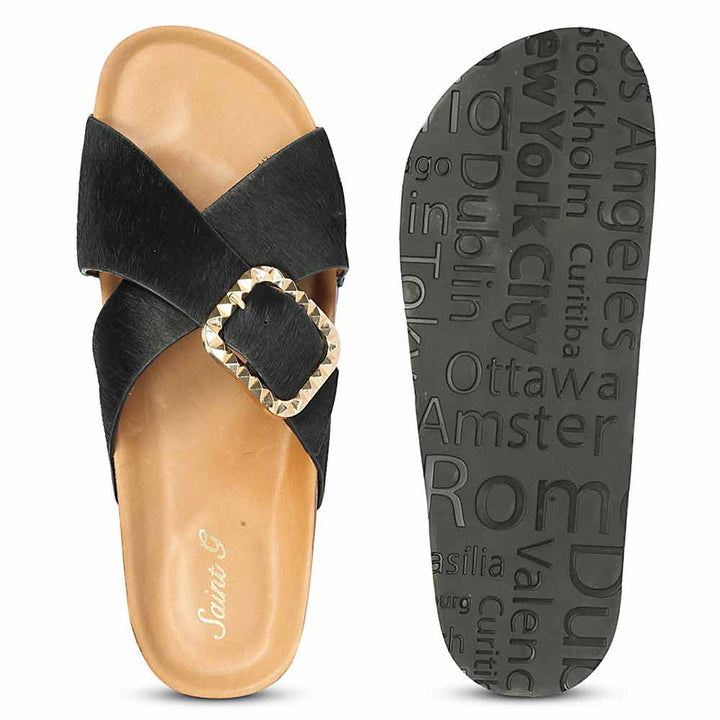 Saint Juno Black Pony Leather Sandals