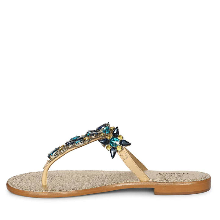 Saint Fleur Multi Stone Embellished Beige Leather Flats