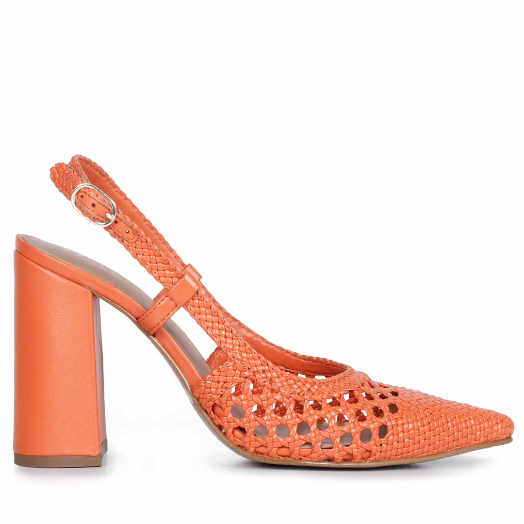 Saint Malea Orange Hand Woven Leather Block Heels 39 Orange