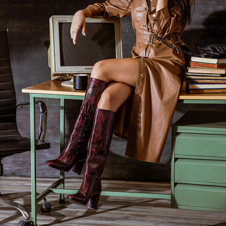 Saint Emily Burgundy Croco Vegan Leather Knee High Boots - SaintG US