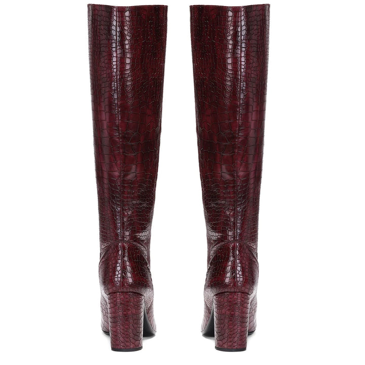 Saint Emily Burgundy Croco Vegan Leather Knee High Boots - SaintG US