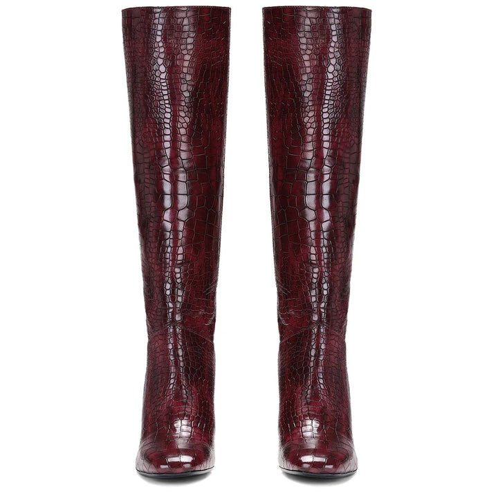 Saint Emily Burgundy Croco Vegan Leather Knee High Boots - SaintG US