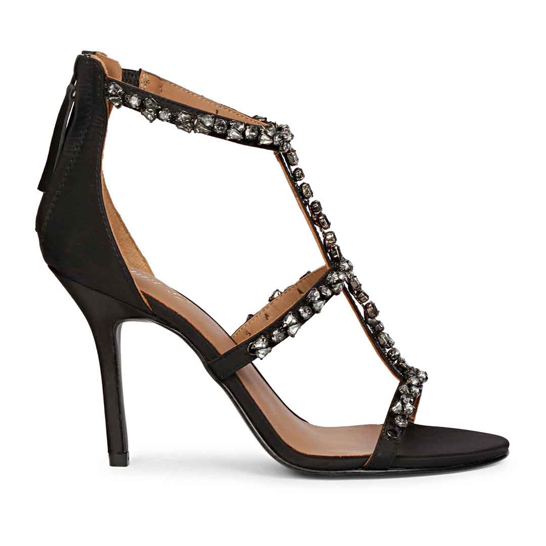 Saint Ella Stone Embellished Black Strappy Leather Stilettos