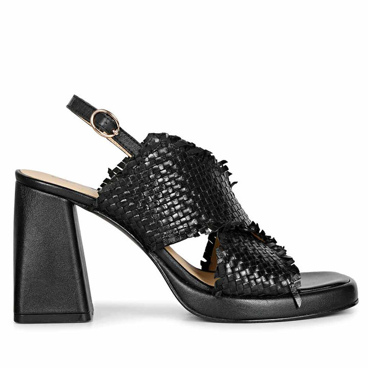 Saint Shelby Black Cross-Over Woven Leather Block Heels