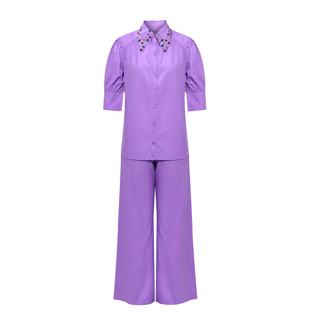 Saint Mathilde Womens Purple Solid Cotton Poplin Trouser