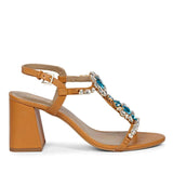 Saint Lucia Blue Stone Embellished Cuoio Leather Block Heels