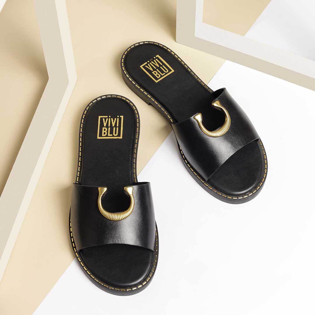 ViviBlu Amber Black Leather Flat Sandals